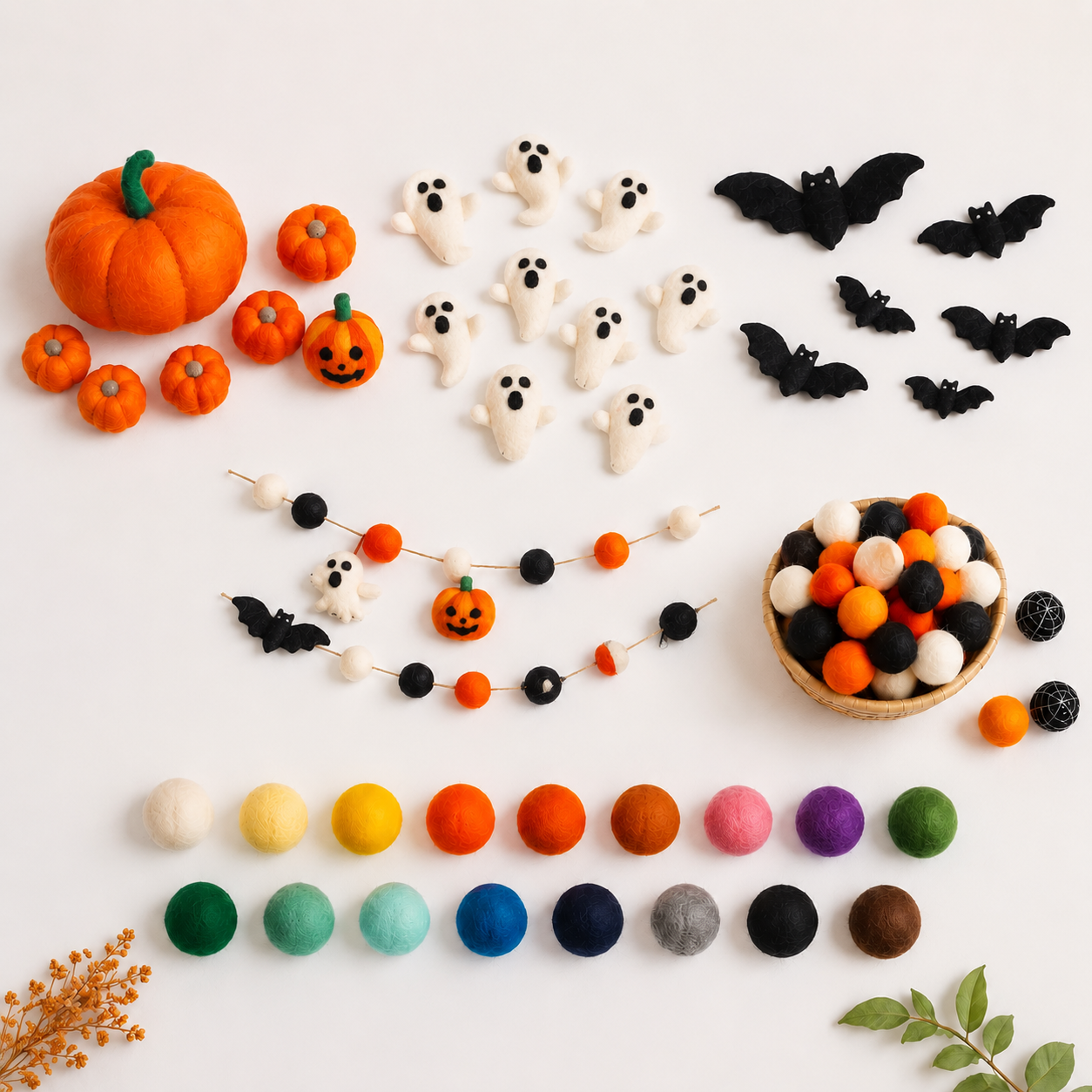 Halloween felt product assortment board showing pumpkins ghosts bats garlands and color options for wholesale buyers.